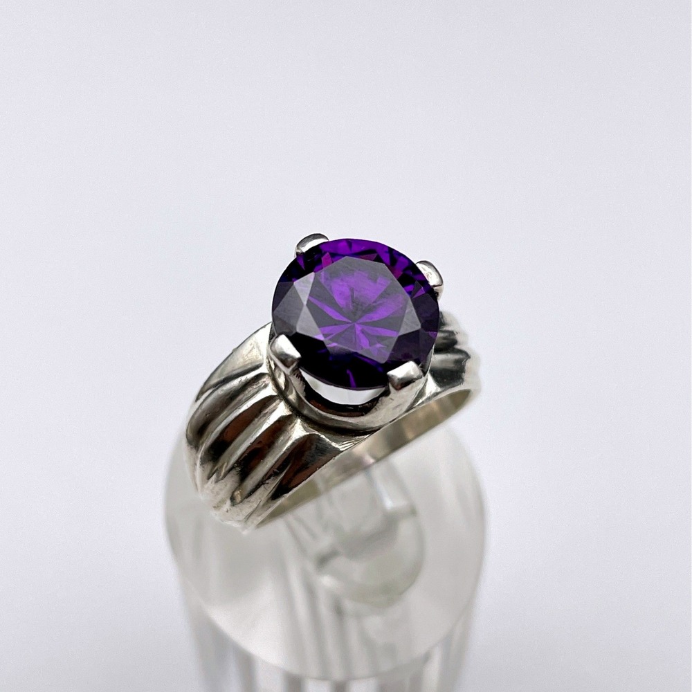 Sterling Silver Deep Purple Cocktail Ring Sparkling Solitaire
